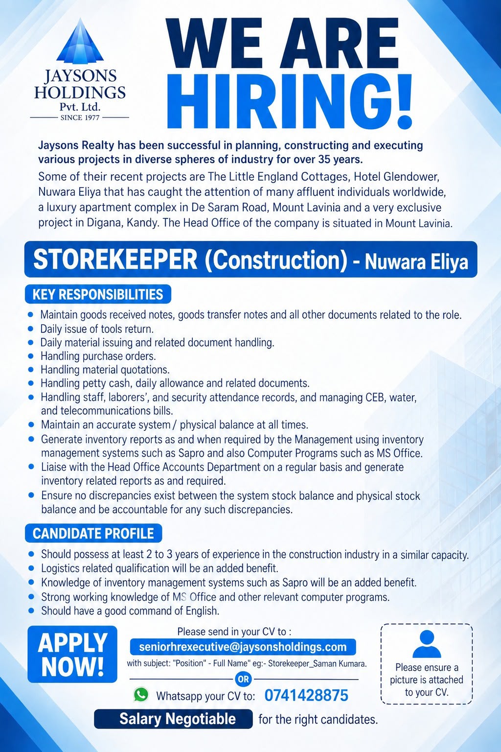 We Are Hiring — Marketing & Brand Coordinator (Multi Industry) — Jaysons Holdings (Pvt) Ltd