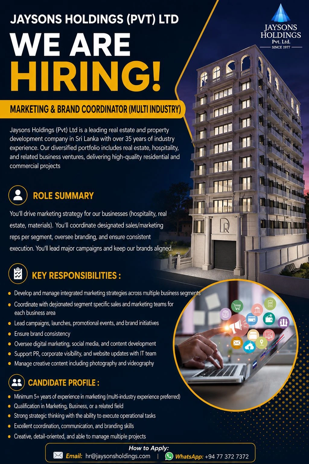 We Are Hiring — Marketing & Brand Coordinator (Multi Industry) — Jaysons Holdings (Pvt) Ltd